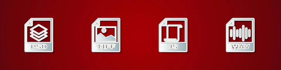 Set PSD file document, TIFF, JS and WAV icon. Vector 库存插图