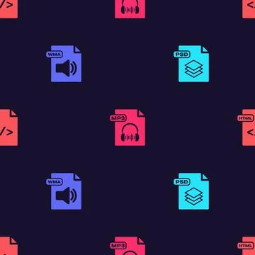 Set PSD file document, WMA, MP3 and HTML on seamless pattern. Vector Illustrazione stock