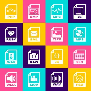 Set PSD file document, XLS, MP3, , EML and RUBY icon. Vector 스톡 일러스트