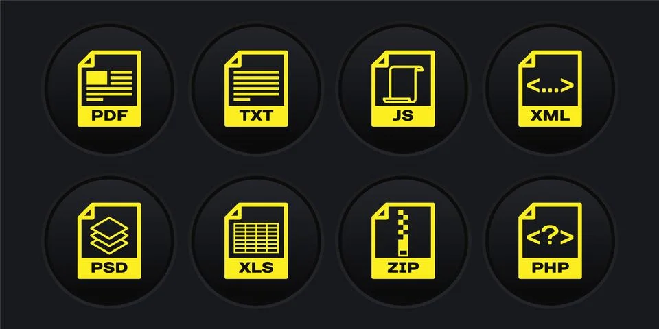 Set PSD file document, XML, XLS, ZIP, JS and TXT icon. Vector Illustrazione stock