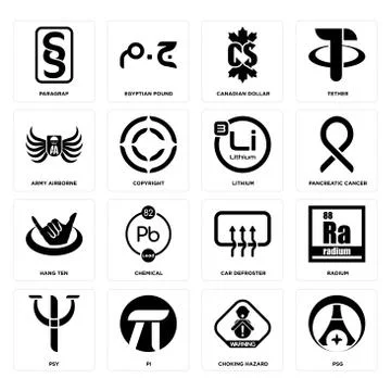 Set of psg, choking hazard, psy, car defroster, hang ten, lithium, army airbo Free Stock Illustration