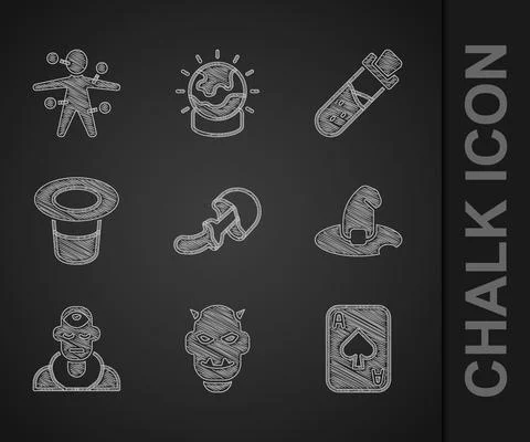 Set Psilocybin mushroom, Mask of the devil with horns, Playing cards, Witch h Stock Illustration