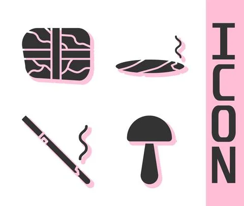 Set Psilocybin mushroom, Package with cocaine, Cigarette and Cigar with smoke Stock Illustration
