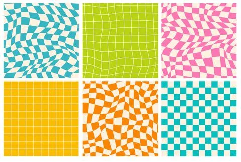 Set of psychedelic checkerboards with distorted grid tile. Stock Illustration