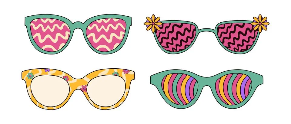 Set of psychedelic sunglasses with different forms and patterns. Vector gra.. イラスト素材