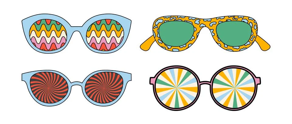 Set of psychedelic sunglasses with groovy patterns. Vector illustrations is.. Stockillustratie