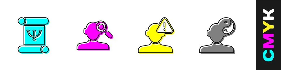 Set Psychology book Finding a problem in psychology and Yin Yang symbol icon. Illustrazione stock