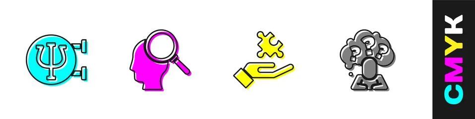 Set Psychology, Psi, Finding a problem, Solution to the and Head with question Illustrazione stock