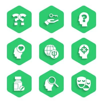 Set Psychology, Psi, Finding a problem, Comedy and tragedy masks, Sedative pills 스톡 일러스트