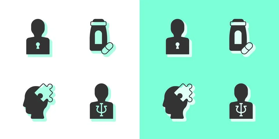 Set Psychology, Psi, Solution to the problem,  and Sedative pills icon. Vecto Stock Illustration