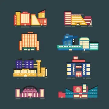 Set of public buildings. Modern architecture. Flat vector illustration. Stock Illustration