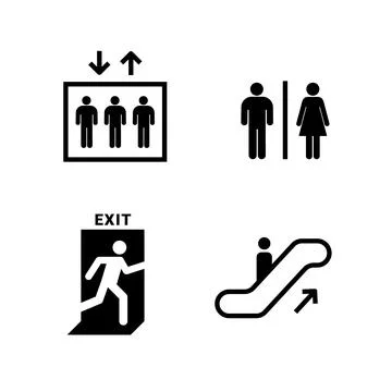Set of Public Facility Icons Elevator, Restroom, Exit, and Escalator minimal 스톡 일러스트