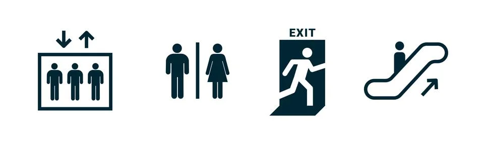 Set of Public Facility Icons Elevator, Restroom, Exit, and Escalator minimal 스톡 일러스트