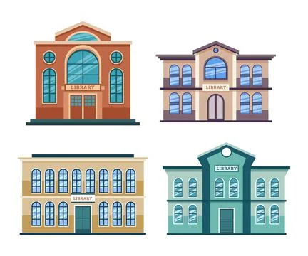 Set of Public Library Building Collection, Education building construction .. Stock Illustration