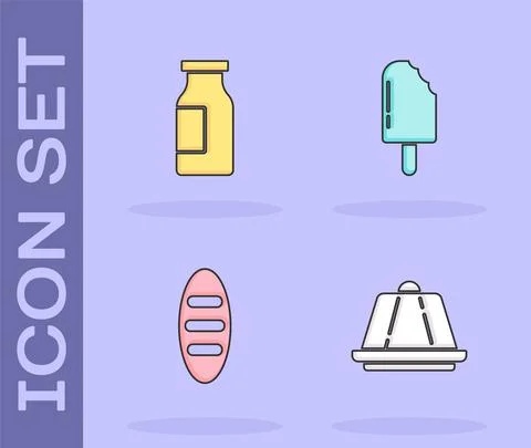 Set Pudding custard, Bottle with milk, Bread loaf and Ice cream icon. Vector Stock Illustration