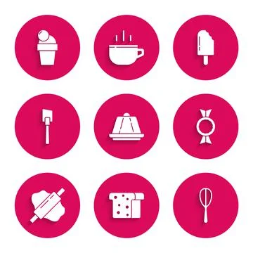 Set Pudding custard, Bread toast, Kitchen whisk, Candy, Rolling pin on dough Stock Illustration