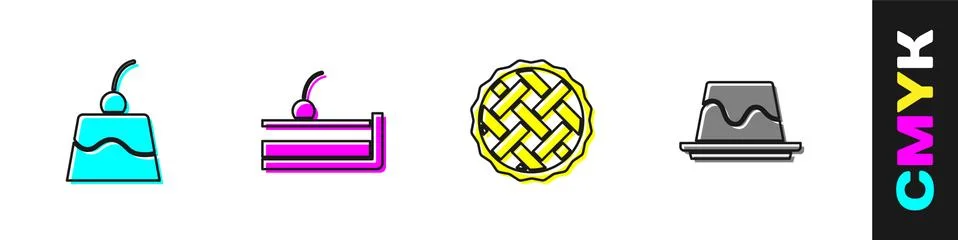 Set Pudding custard, Cherry cheesecake, Homemade pie and icon. Vector Stock Illustration