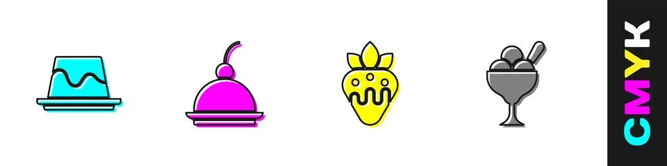 Set Pudding custard, Cherry cheesecake, Strawberry chocolate and Ice cream .. Stock Illustration