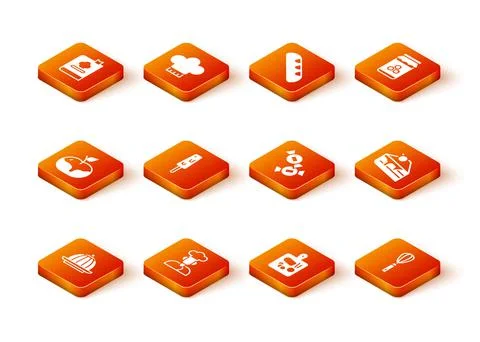 Set Pudding custard, Cook, Apple caramel, Ice cream, Cutting board, Candy Stock Illustration