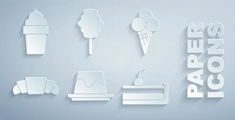 Set Pudding custard, Ice cream waffle cone, Croissant, Cherry cheesecake, Cotton Illustrazione stock