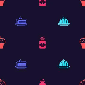 Set Pudding custard, Piece of cake, Jar sugar and Cake on seamless pattern Stock Illustration
