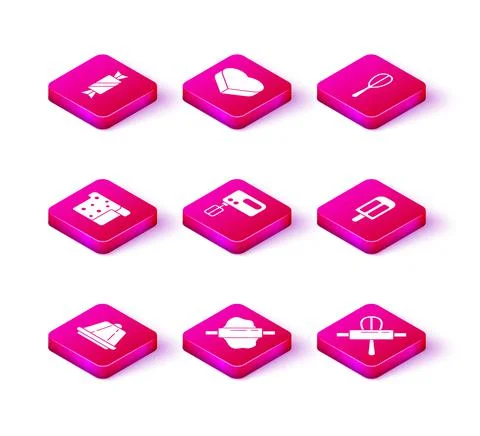 Set Pudding custard, Rolling pin on dough, Bread toast, Electric mixer, Kitchen Stock Illustration