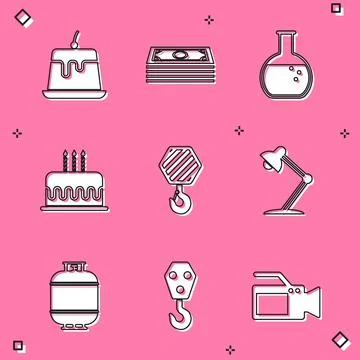 Set Pudding custard, Stacks paper money cash, Test tube and flask, Cake with Stock Illustration