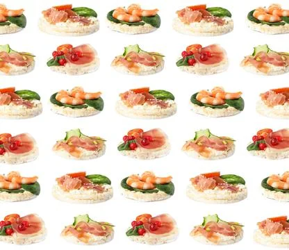 Set of puffed corn cakes with different toppings on white background. Pattern Stock Photos