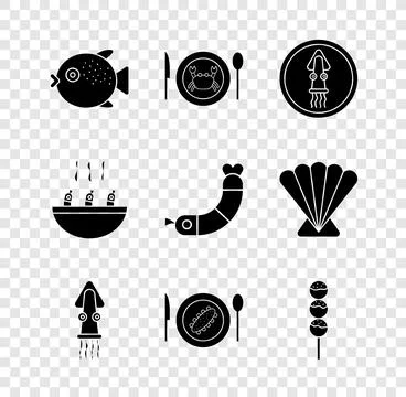 Set Puffer fish, Served crab on a plate, Octopus, cucumber, Takoyaki stick,.. Stock Illustration