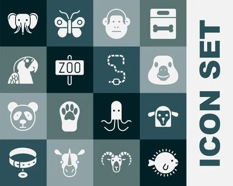 Set Puffer fish, Sheep head, Goose bird, Monkey, Zoo park, Macaw parrot Illustrazione stock