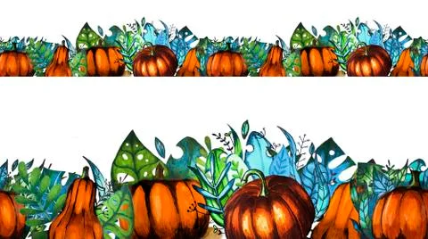 Set of pumpkin border and different leaves Stock Illustration