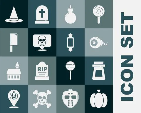 Set Pumpkin, Bottle with potion, Eye, Bomb ready to explode, Skull, Meat chopper Stock Illustration