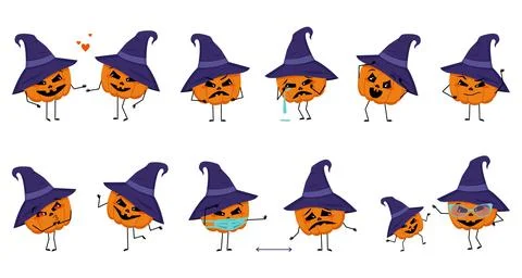 Set of pumpkin character with emotion, fun and sad face, arms and legs Stock Illustration