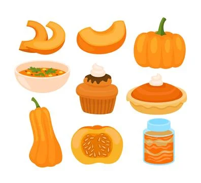 Set of pumpkin collection with sliced pumpkin, soup, cupcake, pie and pumpk.. Illustrazione stock