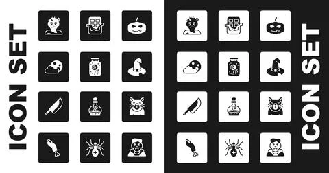 Set Pumpkin, Eye a jar, Moon and stars, Zombie mask, Witch hat, Chocolate bar Stock-Illustration