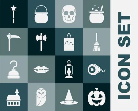Set Pumpkin, Eye, Witches broom, Skull, Wooden axe, Scythe, Magic wand and .. Stock Illustration