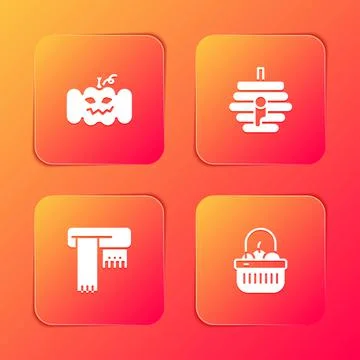 Set Pumpkin, Hive for bees, Winter scarf and Basket and food icon. Vector Stock Illustration