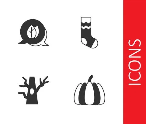Set Pumpkin, Leaf, Bare tree and Socks icon. Vector Stock Illustration
