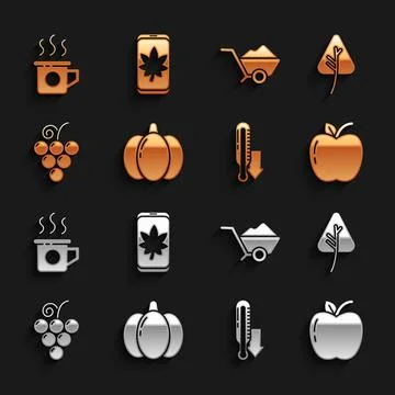 Set Pumpkin, Leaf or leaves, Apple, Meteorology thermometer, Grape fruit Stock Illustration