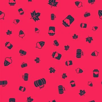 Set Pumpkin, Leaf or leaves, Acorn and Jam jar on seamless pattern. Vector Stock Illustration