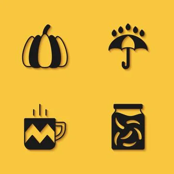 Set Pumpkin, Pickled cucumbers a jar, Cup of tea and Umbrella and rain drops Stock Illustration