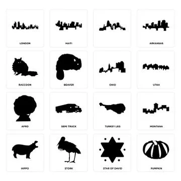 Set of pumpkin, star david, hippo, turkey leg, afro, ohio, raccoon, , london  免费库存插图
