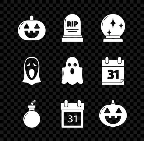 Set Pumpkin, Tombstone with RIP, Magic ball, Bomb ready explode, Calendar Illustrazione stock
