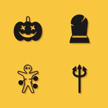 Set Pumpkin, Trident devil, Voodoo doll and Tombstone with RIP written icon with 스톡 일러스트