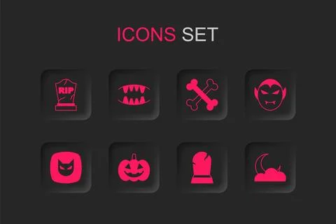 Set Pumpkin, Vampire teeth, Tombstone with RIP written, Moon and stars, Cro.. Stock Illustration
