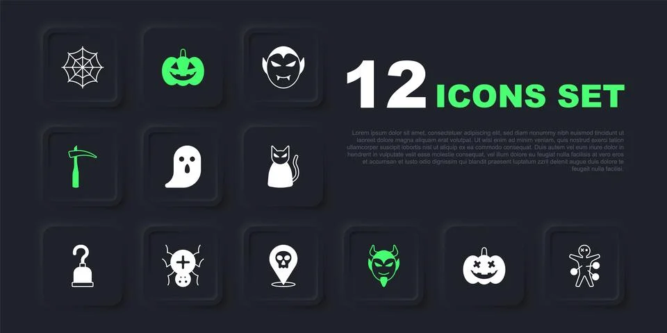 Set Pumpkin, Voodoo doll, Ghost, Devil head, Scythe, Spider,  and Skull ico.. Stock Illustration