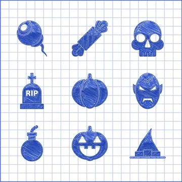 Set Pumpkin, Witch hat, Vampire, Bomb ready to explode, Tombstone with RIP Stock Illustration