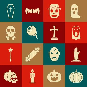 Set Pumpkin, Zombie hand, Funny scary ghost mask for Halloween, Eye, Skull on Stock-Illustration