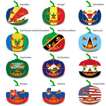 Set pumpkins for halloween as a flags of the world. vector illus 스톡 일러스트