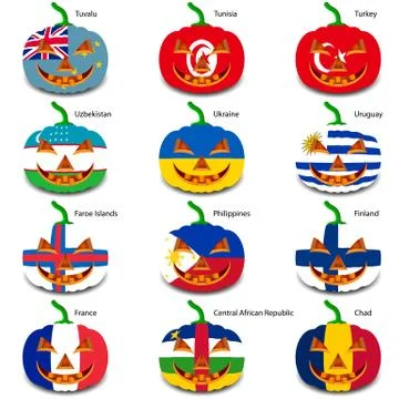 Set pumpkins for halloween as a flags of the world. vector illus 스톡 일러스트